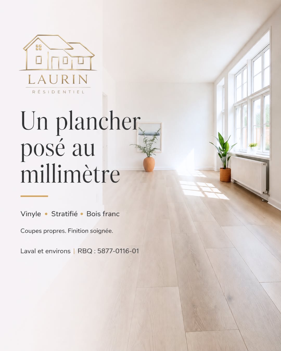 Intérieur lumineux avec plancher clair, visuel de Laurin Résidentiel