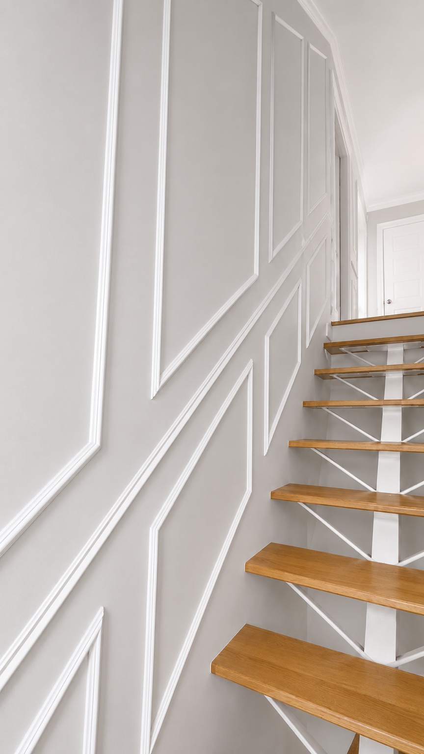 Moulures décoratives suivant la pente du mur, vues depuis l’escalier existant